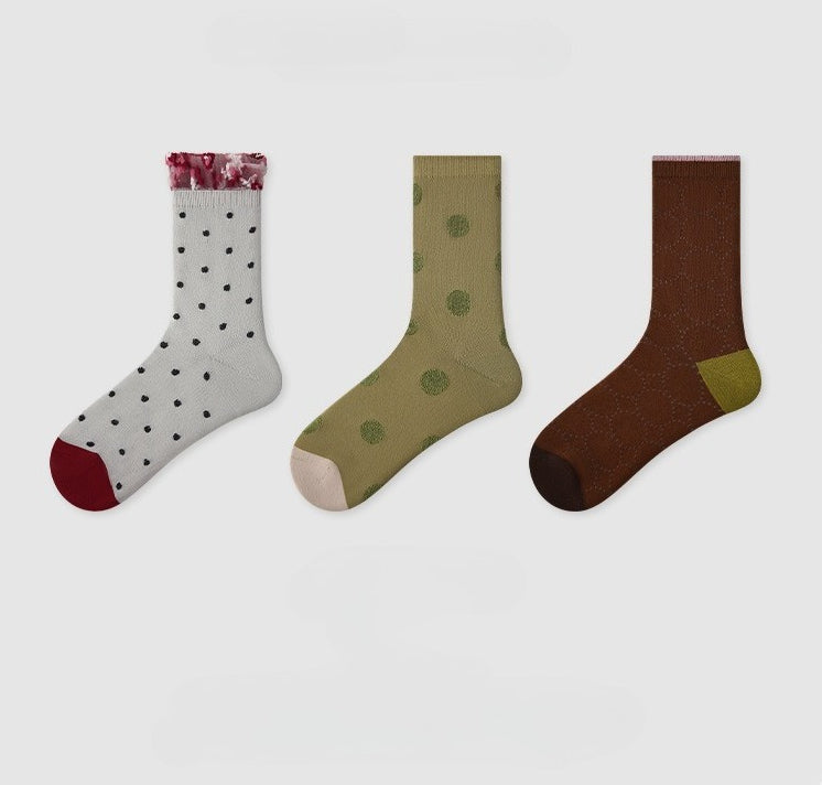 3 Pairs Women's Thin Mesh Socks Summer Breathable Lace Dot Pattern Mid Calf Socks Comfortable