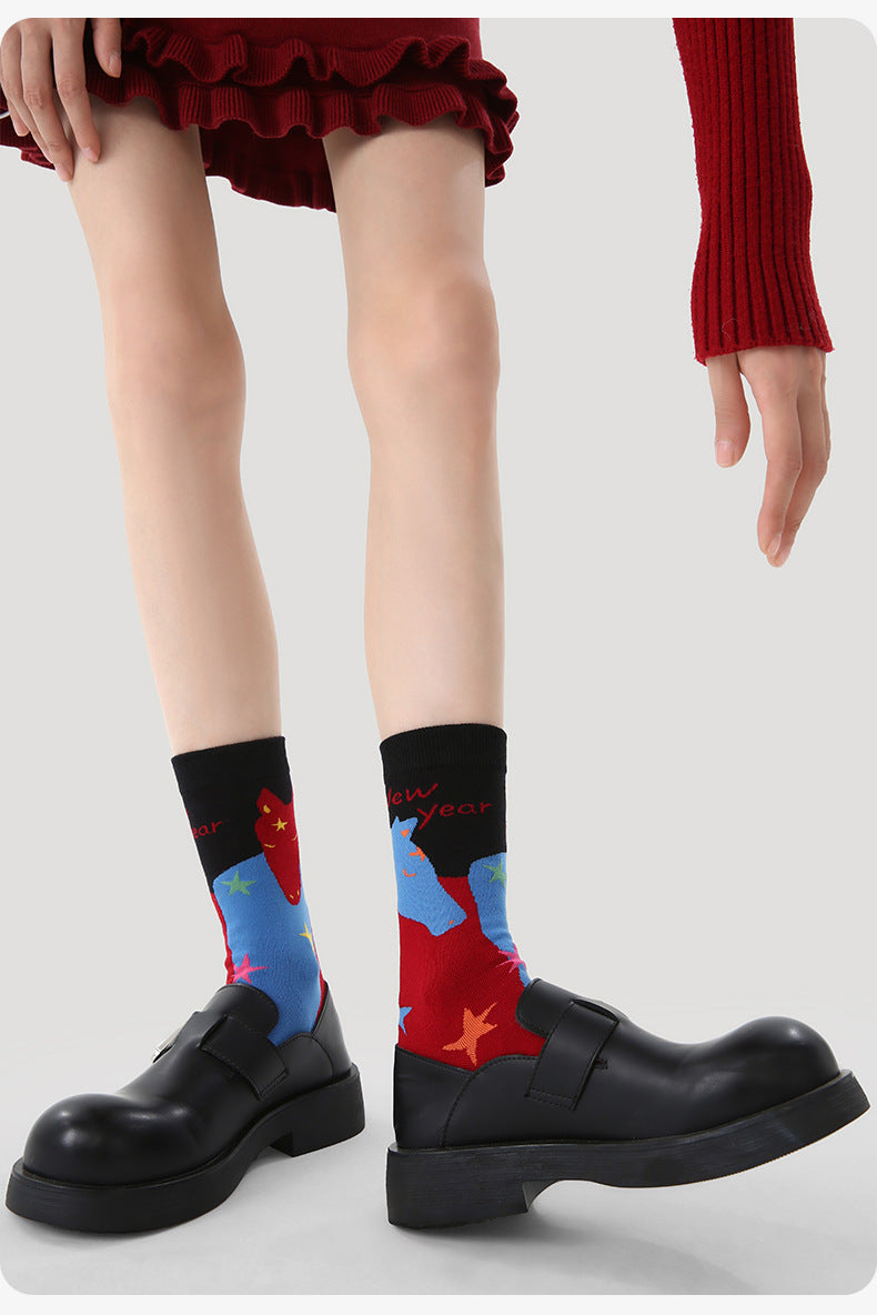 Women Red Socks 3 Pairs Pack Mid Calf Warm Socks Chinese New Year Celebration Horse Year Design