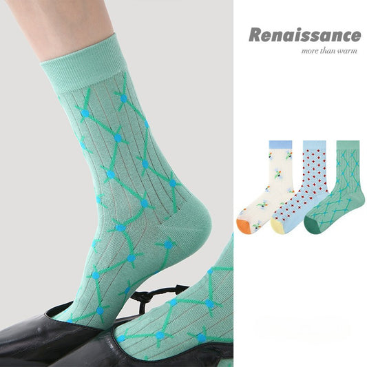 Women 3 Pairs Spring Summer Thin Mesh Socks Green Diamond Pattern