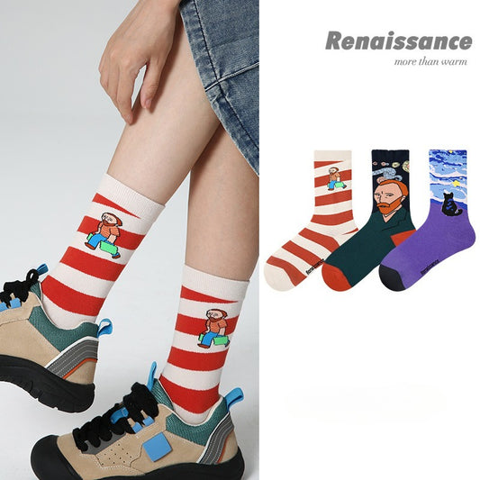 3 Pack Vintage Oil Painting Style Women Socks Trendy Mid Calf Socks for All Seasons