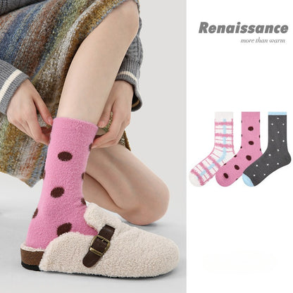 Women Mid Calf Thick Coral Fleece Socks Winter Warm Polka Dot Maternity Socks 3 Pairs Pack Renaissance