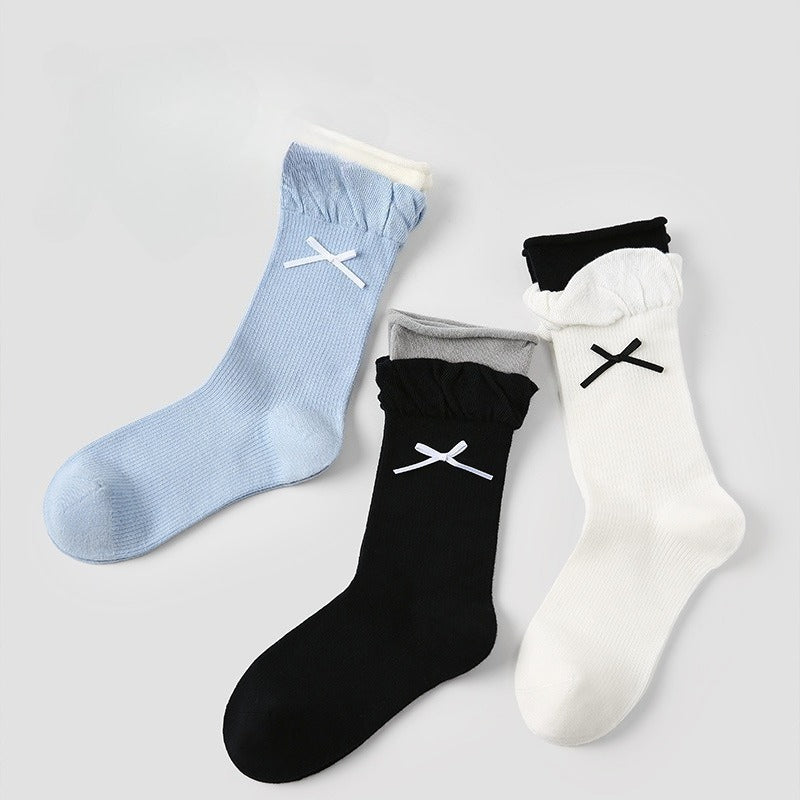 3 Pairs Womens Socks Spring Summer Trendy Bow Design Double Cuff Mid Calf Socks Color Blocking New Arrival