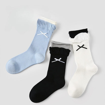 3 Pairs Womens Socks Spring Summer Trendy Bow Design Double Cuff Mid Calf Socks Color Blocking New Arrival