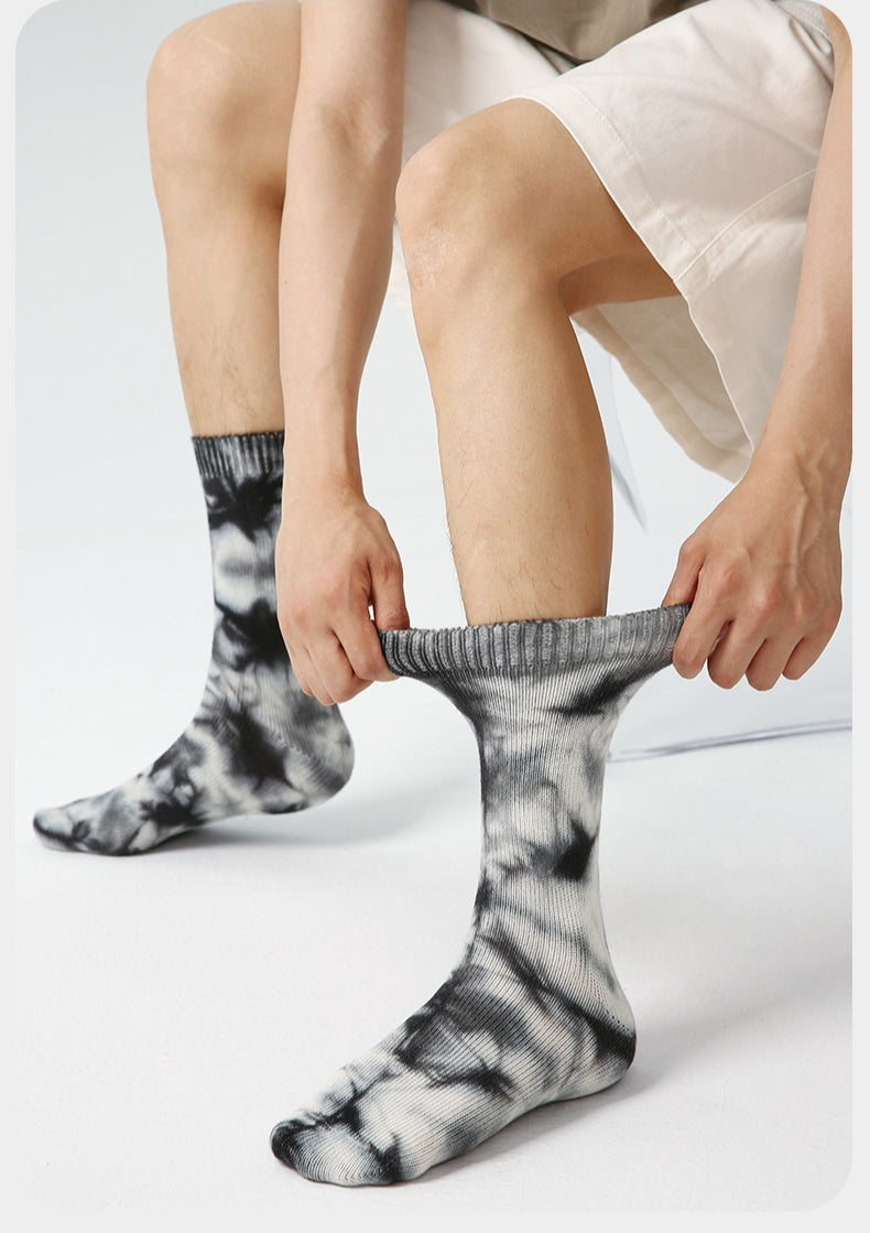 3 Pairs Trendy Men Socks Mid Calf Simple Letter Stripe Athletic Socks Tie Dye Design Comfortable Breathable Socks for Men