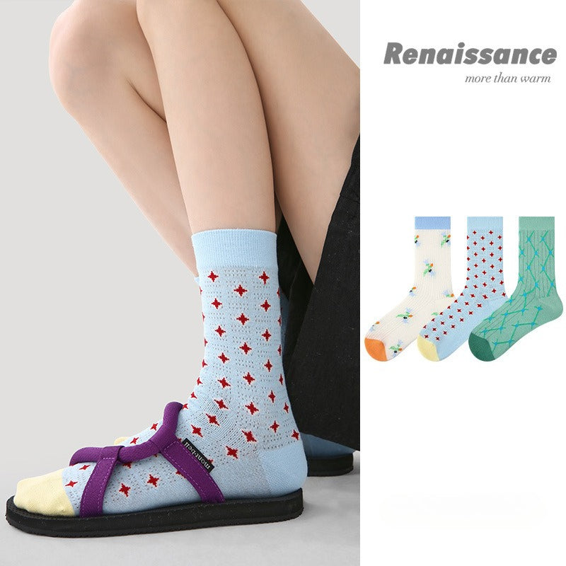 Women 3 Pairs Spring Summer Thin Mesh Socks Green Diamond Pattern