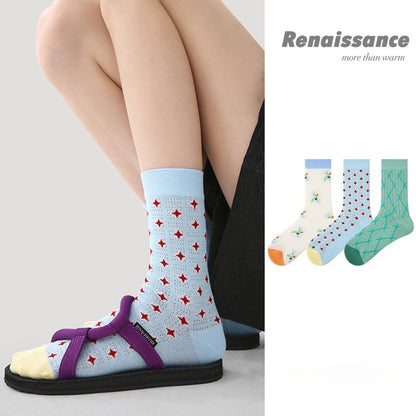 Women 3 Pairs Spring Summer Thin Mesh Socks Green Diamond Pattern