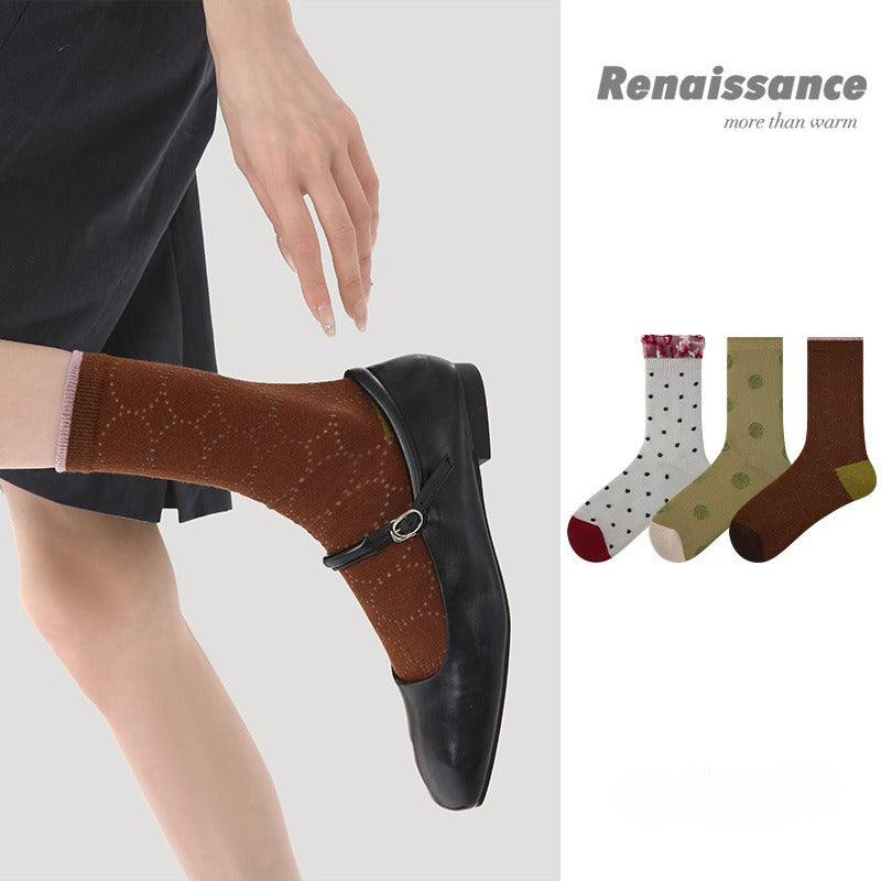 3 Pairs Women's Thin Mesh Socks Summer Breathable Lace Dot Pattern Mid Calf Socks Comfortable