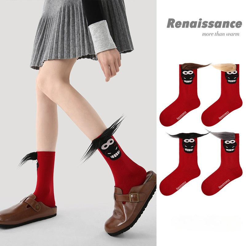 4 Pairs Red Chinese New Year Women Socks 2026 Year of the Horse Mid Cute Winter Socks Festive Gift