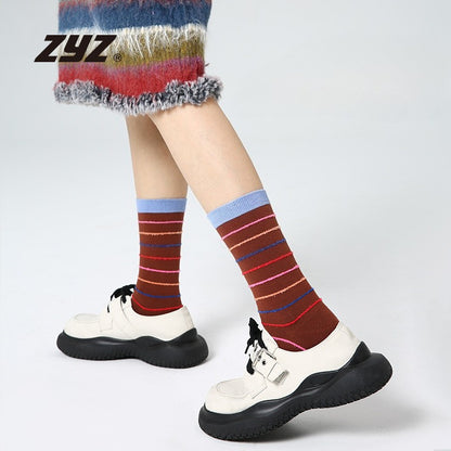 5 Pairs Retro Color Block Striped Mid Calf Socks for Women Fashion Gift Box