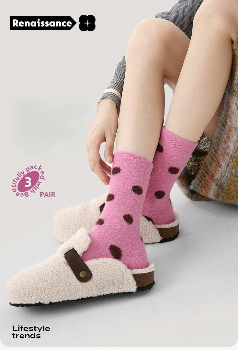 Women Mid Calf Thick Coral Fleece Socks Winter Warm Polka Dot Maternity Socks 3 Pairs Pack Renaissance