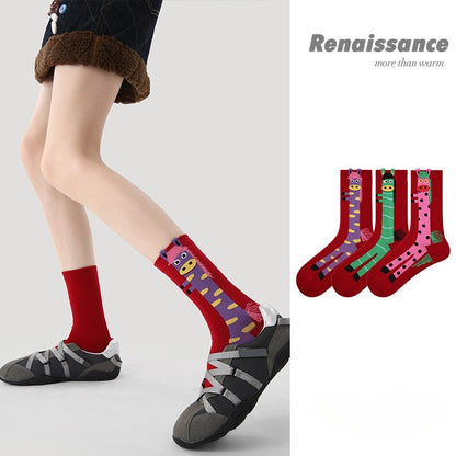 Chinese Zodiac Horse Year 2026 Women Socks 3 Pairs Red Mid Calf Socks with Cartoon Pony Design Festive New Year Socks