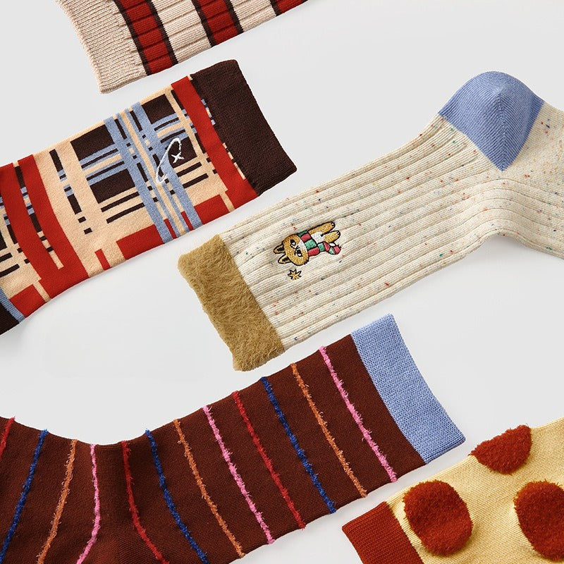 5 Pairs Retro Color Block Striped Mid Calf Socks for Women Fashion Gift Box