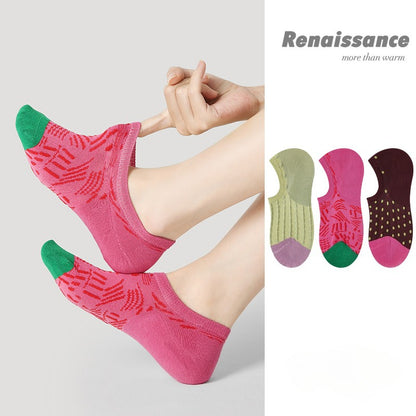 Women Invisible Socks 3 Pairs Set Non Slip Breathable Summer Low Cut Vintage Embroidery Knitted Socks
