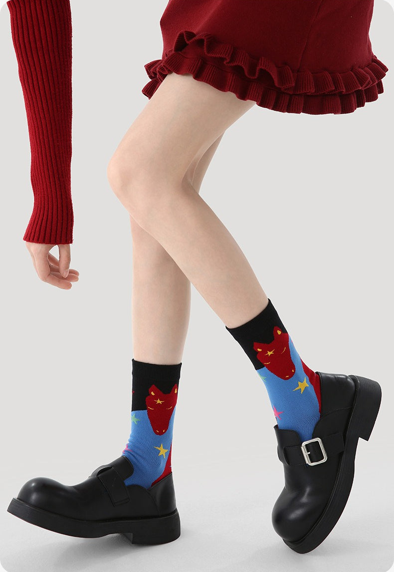 Women Red Socks 3 Pairs Pack Mid Calf Warm Socks Chinese New Year Celebration Horse Year Design