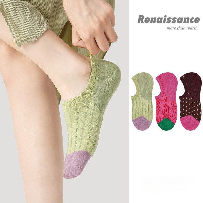 Women Invisible Socks 3 Pairs Set Non Slip Breathable Summer Low Cut Vintage Embroidery Knitted Socks