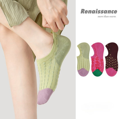 Women Invisible Socks 3 Pairs Set Non Slip Breathable Summer Low Cut Vintage Embroidery Knitted Socks