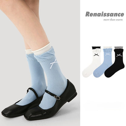 3 Pairs Womens Socks Spring Summer Trendy Bow Design Double Cuff Mid Calf Socks Color Blocking New Arrival