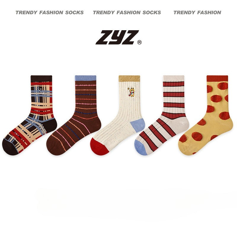 5 Pairs Retro Color Block Striped Mid Calf Socks for Women Fashion Gift Box