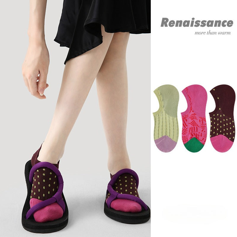 Women Invisible Socks 3 Pairs Set Non Slip Breathable Summer Low Cut Vintage Embroidery Knitted Socks