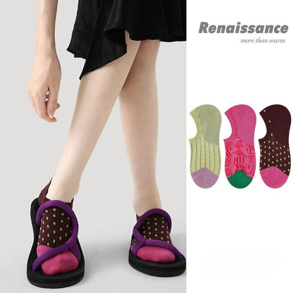 Women Invisible Socks 3 Pairs Set Non Slip Breathable Summer Low Cut Vintage Embroidery Knitted Socks