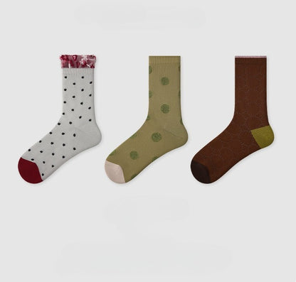 3 Pairs Women's Thin Mesh Socks Summer Breathable Lace Dot Pattern Mid Calf Socks Comfortable
