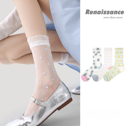 3 Pairs Women Summer Thin Transparent Glass Silk Socks Mid Calf Breathable Moisture Wicking Colorful Striped Stockings