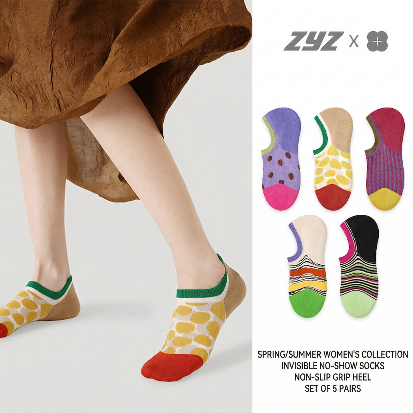 5 Pairs Women Short Socks Colorful Dot Non Slip Low Cut Invisible Socks for Daily Wear