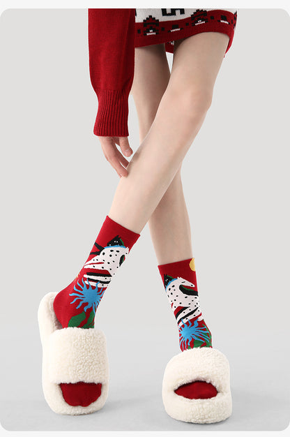 Women Red Socks 3 Pairs Pack Mid Calf Warm Socks Chinese New Year Celebration Horse Year Design