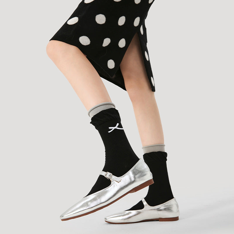 3 Pairs Womens Socks Spring Summer Trendy Bow Design Double Cuff Mid Calf Socks Color Blocking New Arrival