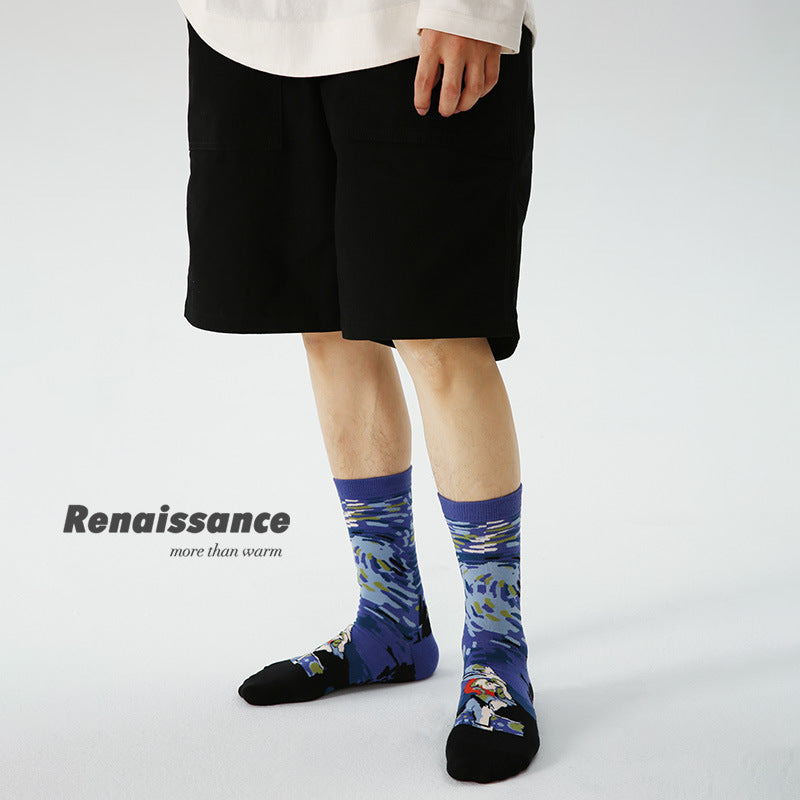 Van Gogh Inspired Retro Men Socks 3 Pack Mid Calf Comfortable All Year Round Trendy