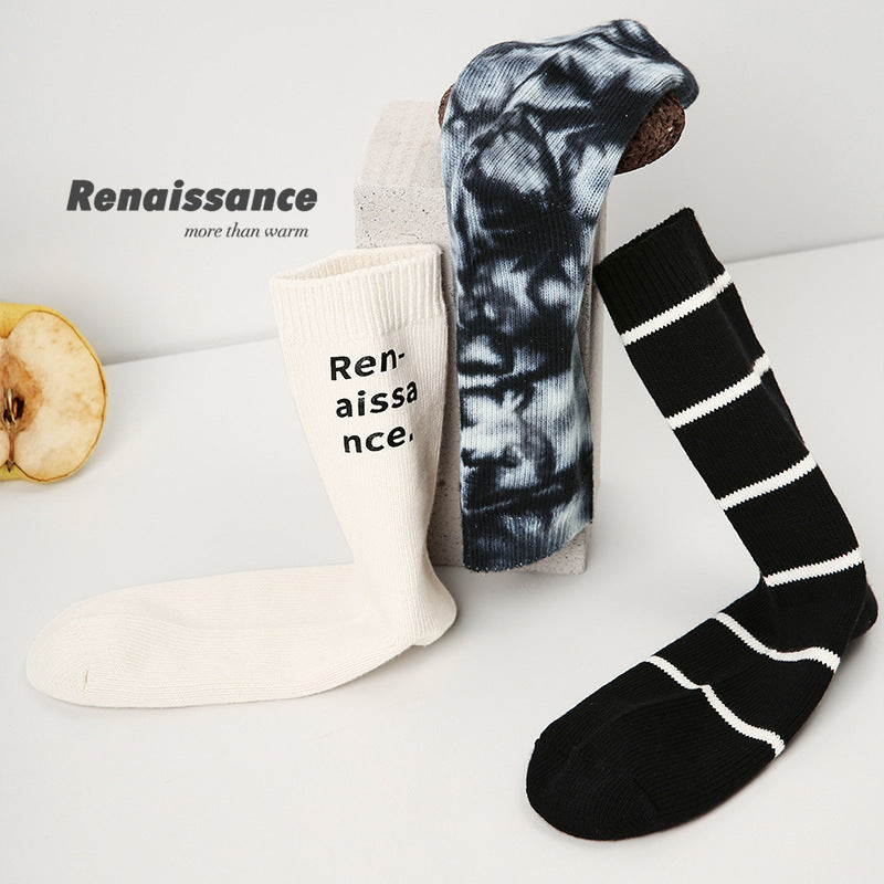 3 Pairs Trendy Men Socks Mid Calf Simple Letter Stripe Athletic Socks Tie Dye Design Comfortable Breathable Socks for Men