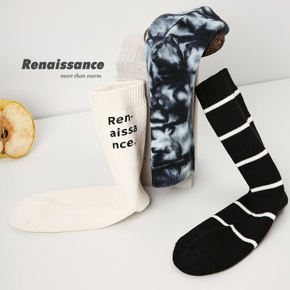 3 Pairs Trendy Men Socks Mid Calf Simple Letter Stripe Athletic Socks Tie Dye Design Comfortable Breathable Socks for Men