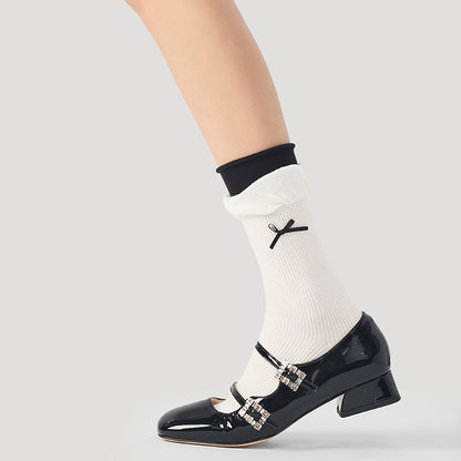 3 Pairs Womens Socks Spring Summer Trendy Bow Design Double Cuff Mid Calf Socks Color Blocking New Arrival