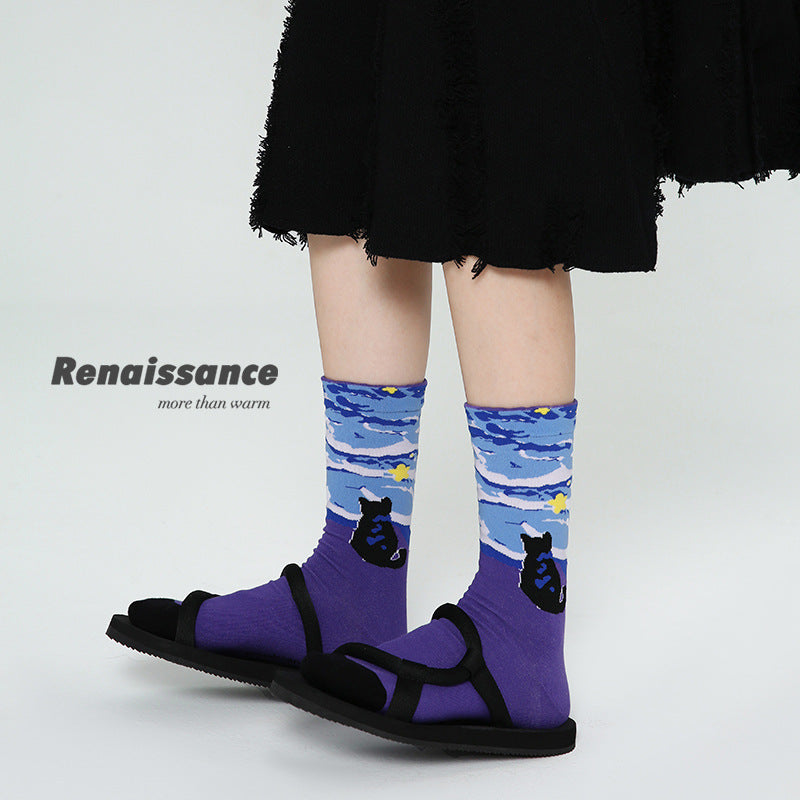 3 Pack Vintage Oil Painting Style Women Socks Trendy Mid Calf Socks for All Seasons