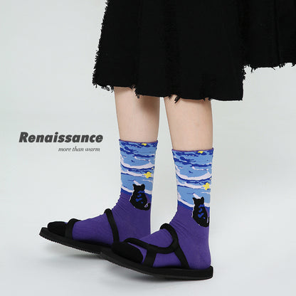 3 Pack Vintage Oil Painting Style Women Socks Trendy Mid Calf Socks for All Seasons
