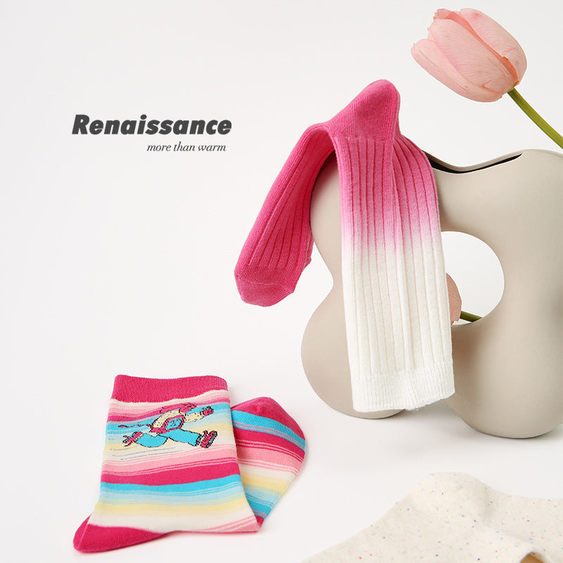 3 Pairs Pink Womens Socks Girls Diary Striped Mid Cute Cartoon Colorful Socks