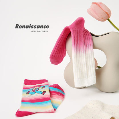 3 Pairs Pink Womens Socks Girls Diary Striped Mid Cute Cartoon Colorful Socks