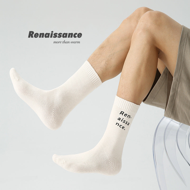 3 Pairs Trendy Men Socks Mid Calf Simple Letter Stripe Athletic Socks Tie Dye Design Comfortable Breathable Socks for Men