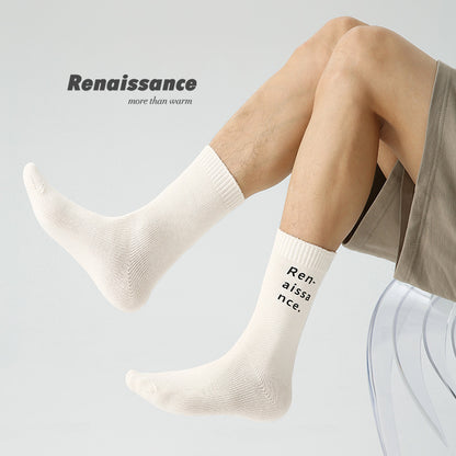 3 Pairs Trendy Men Socks Mid Calf Simple Letter Stripe Athletic Socks Tie Dye Design Comfortable Breathable Socks for Men