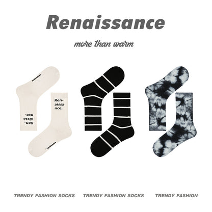 3 Pairs Trendy Men Socks Mid Calf Simple Letter Stripe Athletic Socks Tie Dye Design Comfortable Breathable Socks for Men