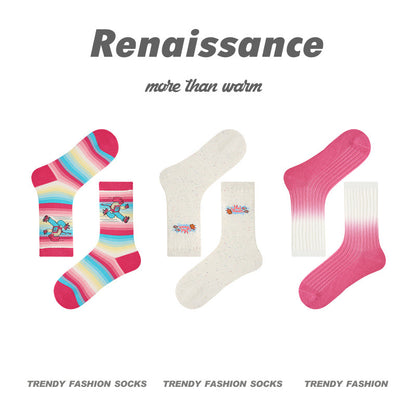 3 Pairs Pink Womens Socks Girls Diary Striped Mid Cute Cartoon Colorful Socks