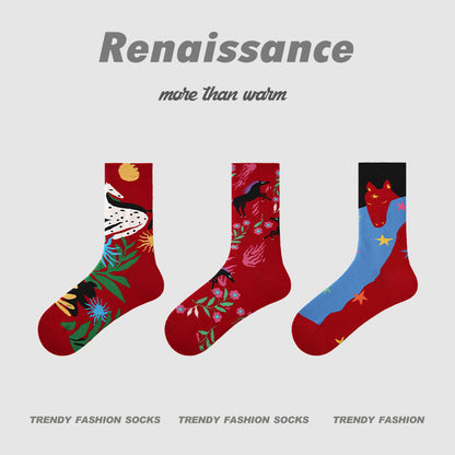 Women Red Socks 3 Pairs Pack Mid Calf Warm Socks Chinese New Year Celebration Horse Year Design