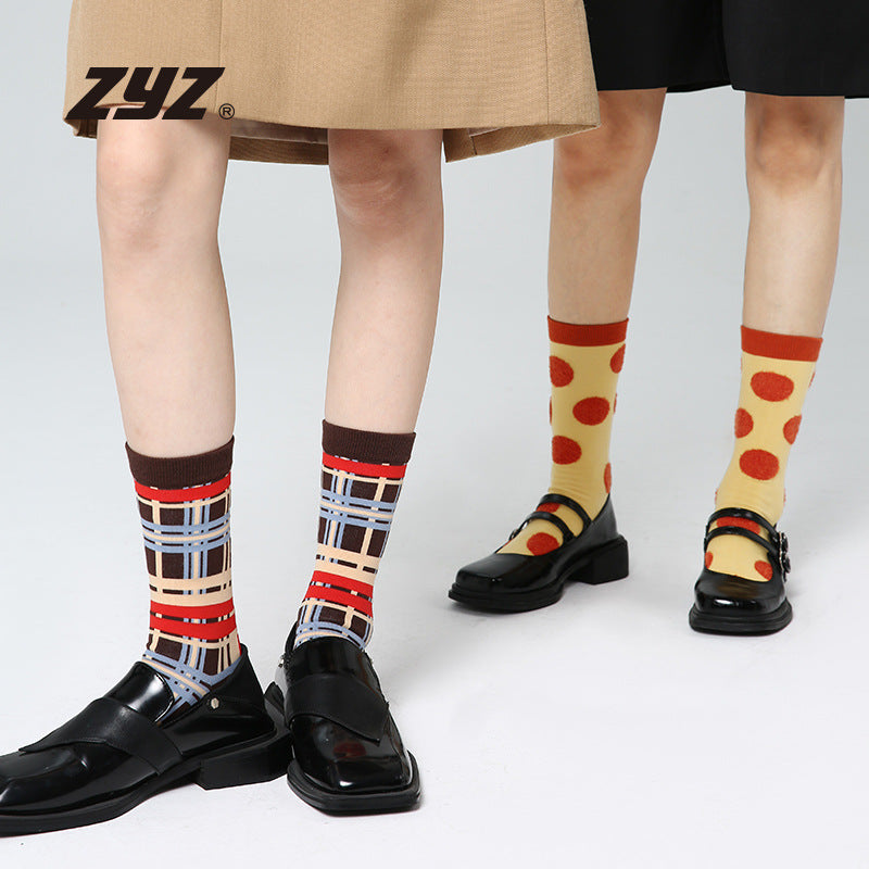 5 Pairs Retro Color Block Striped Mid Calf Socks for Women Fashion Gift Box