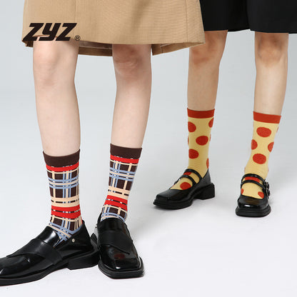 5 Pairs Retro Color Block Striped Mid Calf Socks for Women Fashion Gift Box