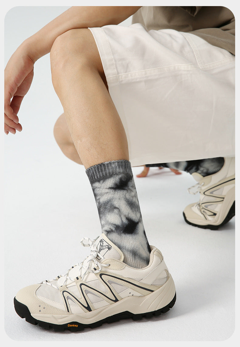 3 Pairs Trendy Men Socks Mid Calf Simple Letter Stripe Athletic Socks Tie Dye Design Comfortable Breathable Socks for Men