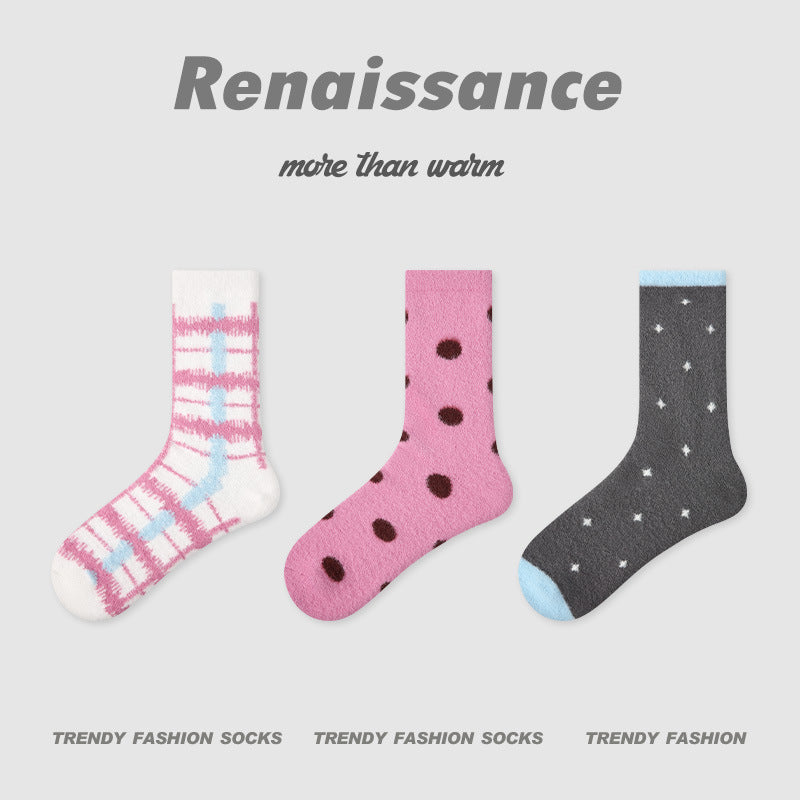 Women Mid Calf Thick Coral Fleece Socks Winter Warm Polka Dot Maternity Socks 3 Pairs Pack Renaissance