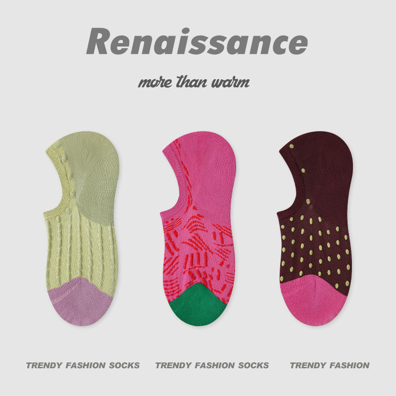 Women Invisible Socks 3 Pairs Set Non Slip Breathable Summer Low Cut Vintage Embroidery Knitted Socks