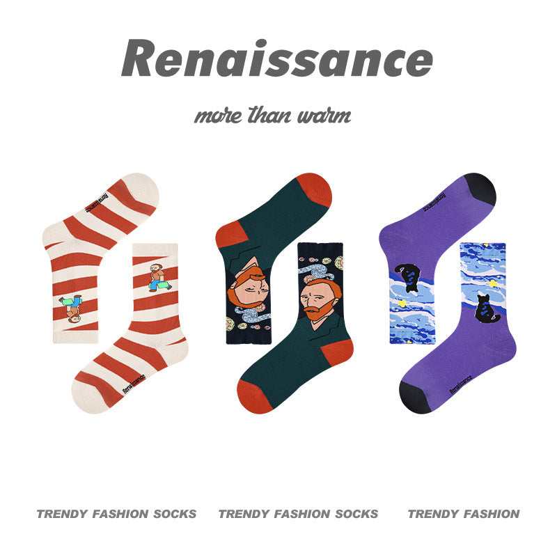 3 Pack Vintage Oil Painting Style Women Socks Trendy Mid Calf Socks for All Seasons