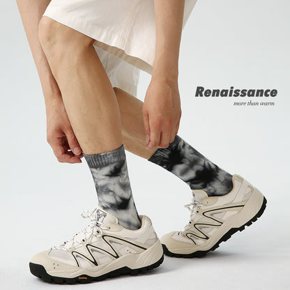 3 Pairs Trendy Men Socks Mid Calf Simple Letter Stripe Athletic Socks Tie Dye Design Comfortable Breathable Socks for Men