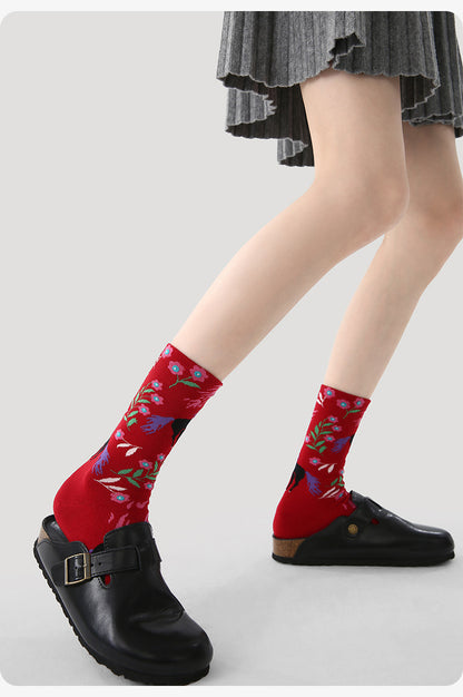 Women Red Socks 3 Pairs Pack Mid Calf Warm Socks Chinese New Year Celebration Horse Year Design